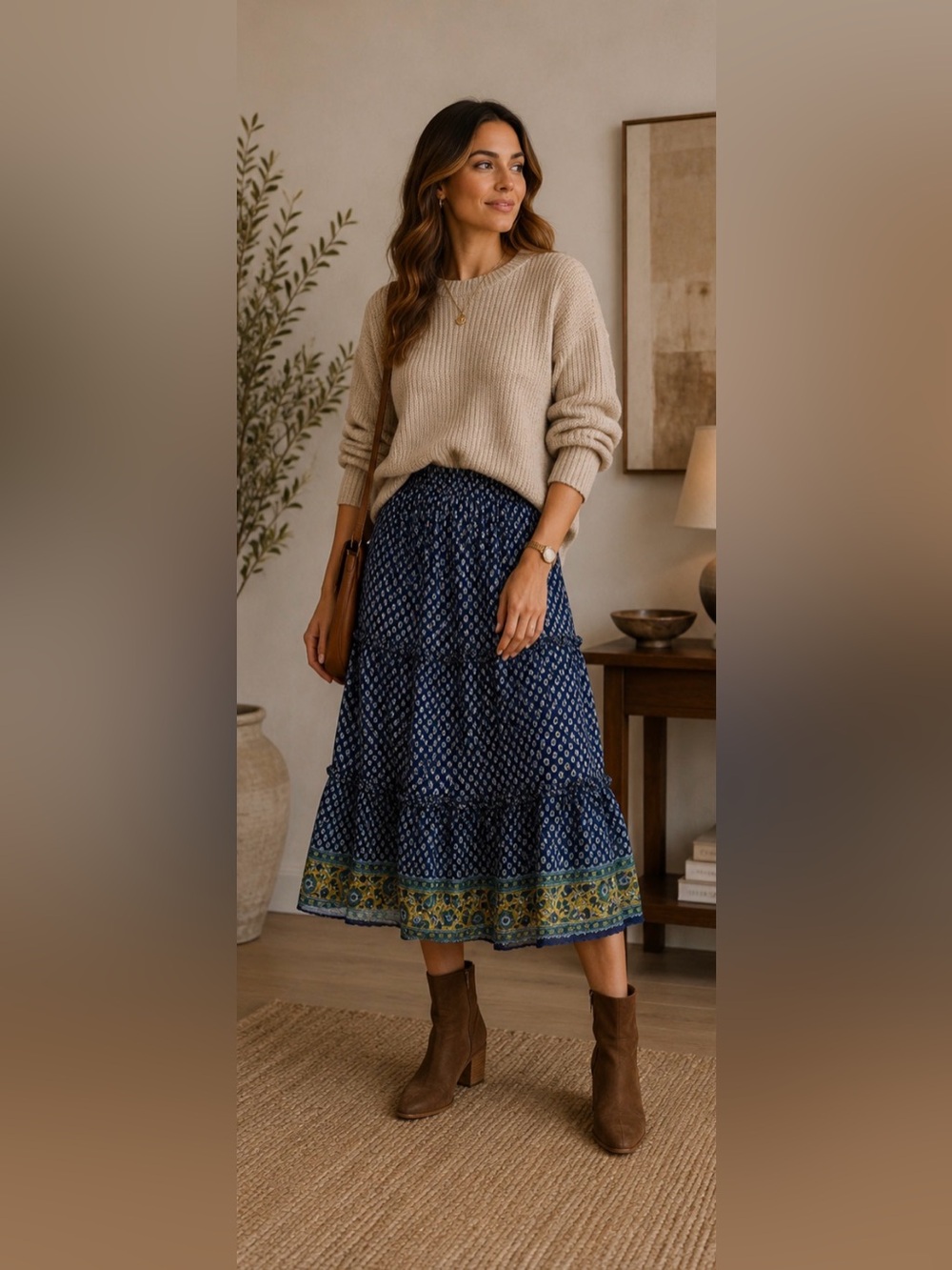Papa Vancouver Navy Blue Maxi Skirt Boho Patterned Lined Elastic Waist M